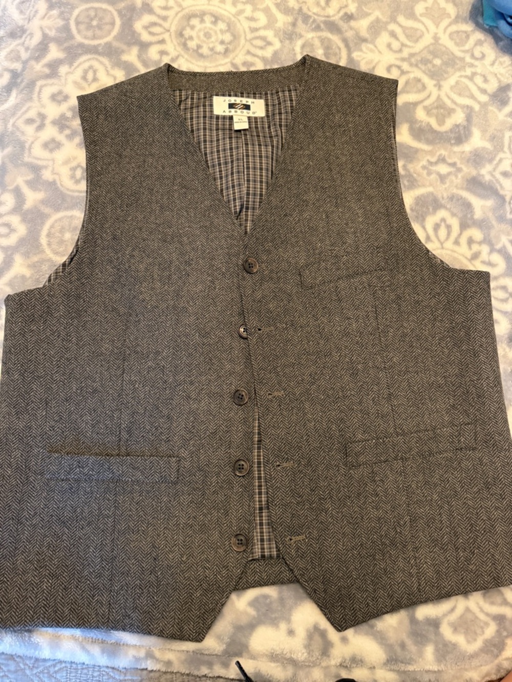 Joseph Abboud Brownisy Gray Herringbone Waistcoat with Plaid Lining